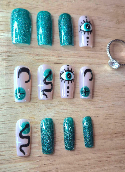 Press-On Nails | Glitter Green | Fait Main en France