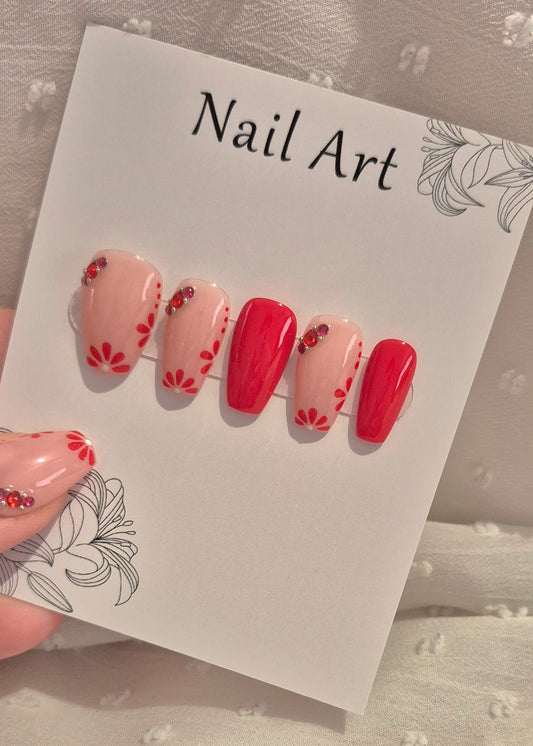 Press-On Nails | Red Flowers | Fait Main en France