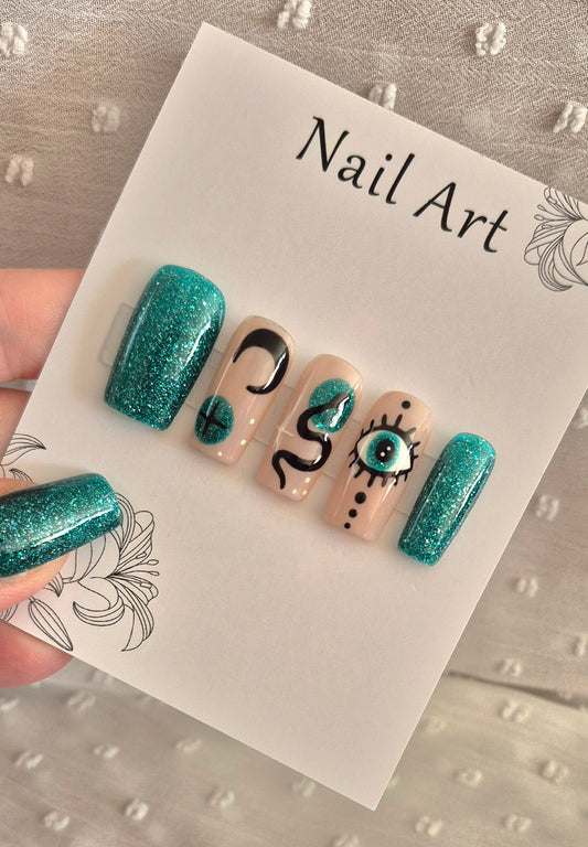 Press-On Nails | Glitter Green | Fait Main en France
