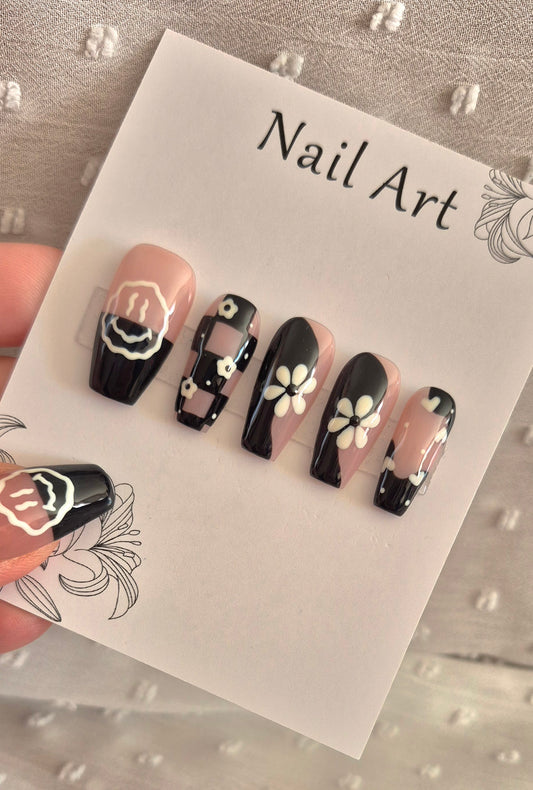 Press-On Nails | Black and White | Fait Main en France