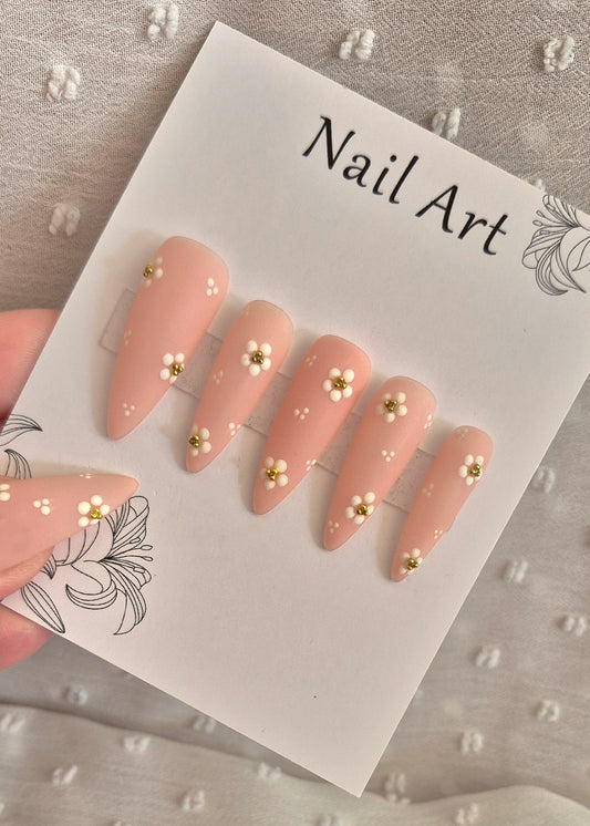 Press-On Nails | Nude Flowers | Fait Main en France