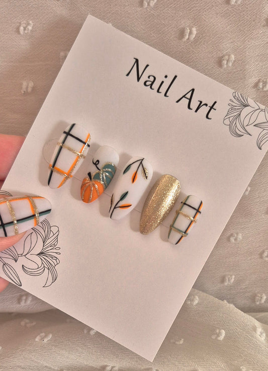 Press-On Nails | Automn Pumpkin | Fait Main en France