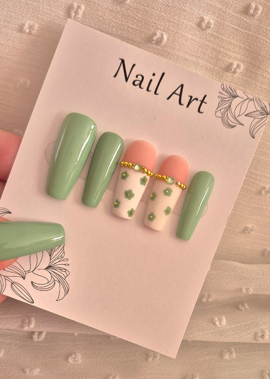Press-On Nails | Green Garden | Fait Main en France