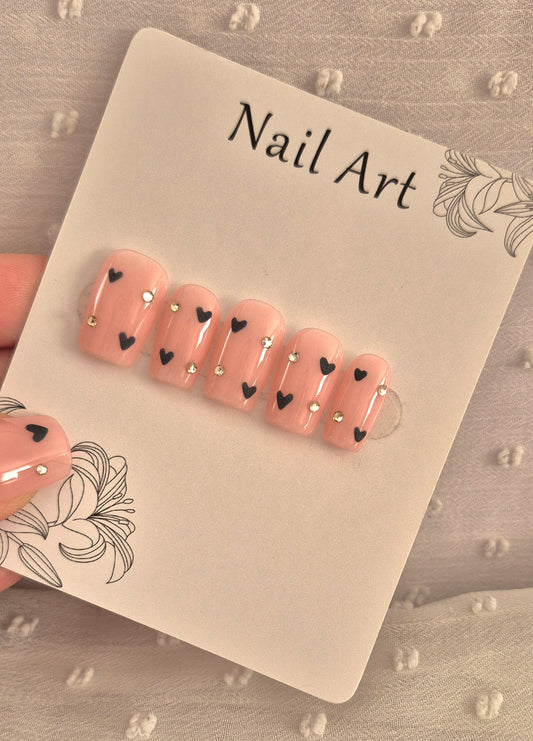 Press-On Nails | Nude Love Black | Fait Main en France